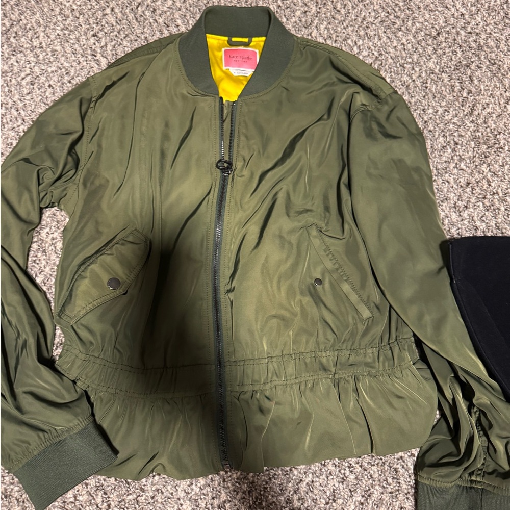 Kate Spade Jacket Twill Flounce Bomber Army Green Ruffle
